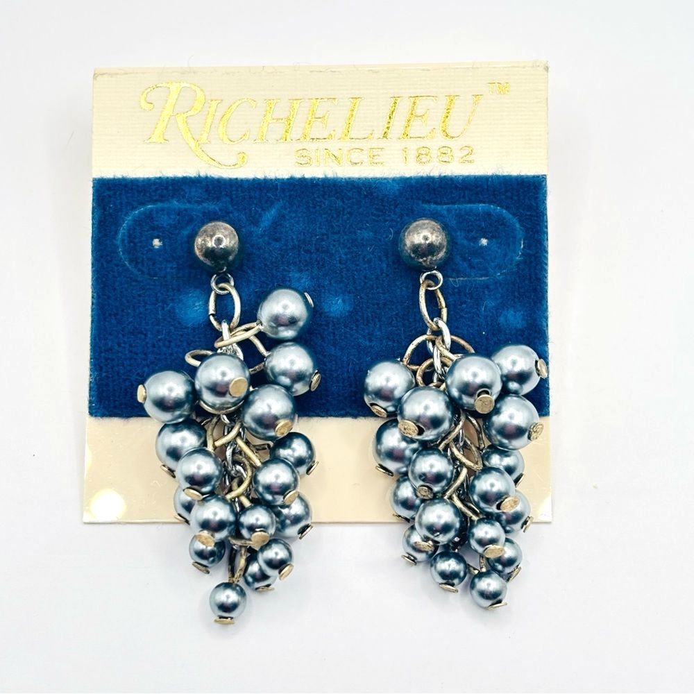 Vintage Beaded Dangle Earrings Richelieu Gray Blue Cluster Drop Earrings